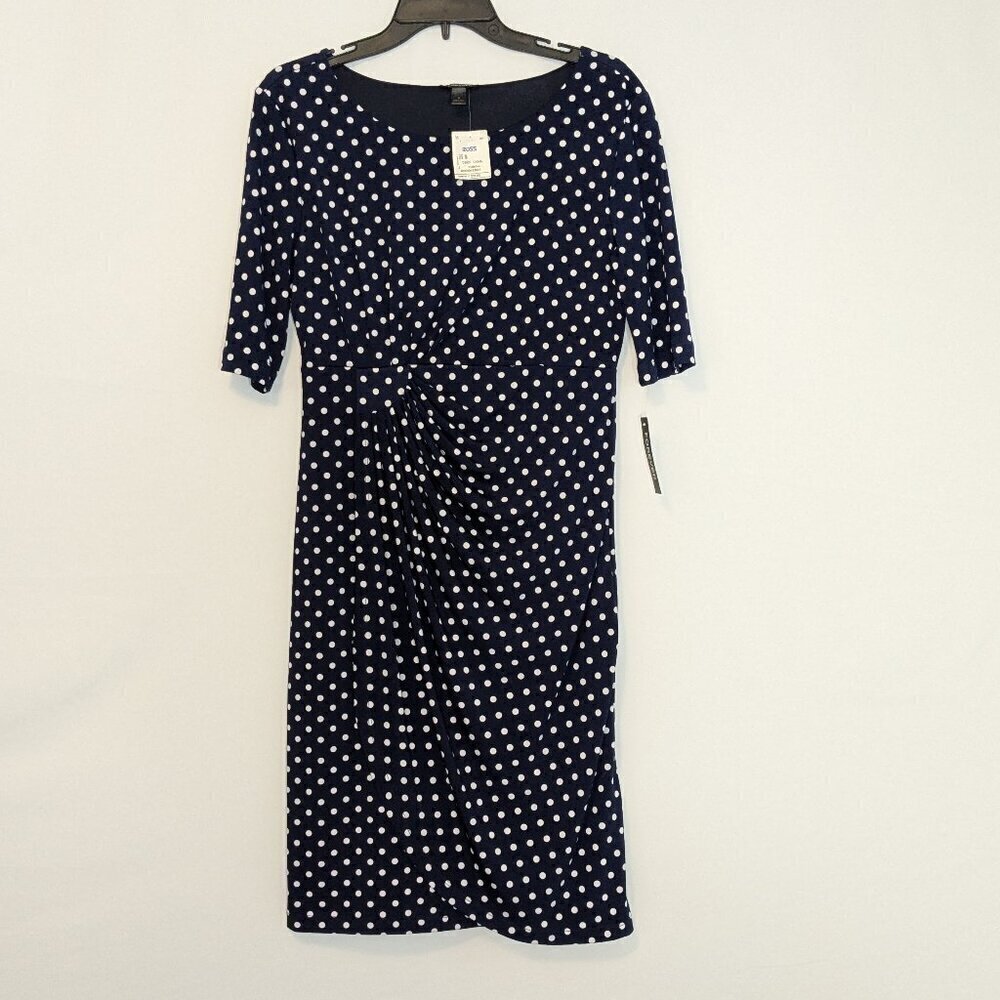 FOREVER Navy/White Dotted Ruched / Wrap Short Sleeve Knee Length Dress; Size M